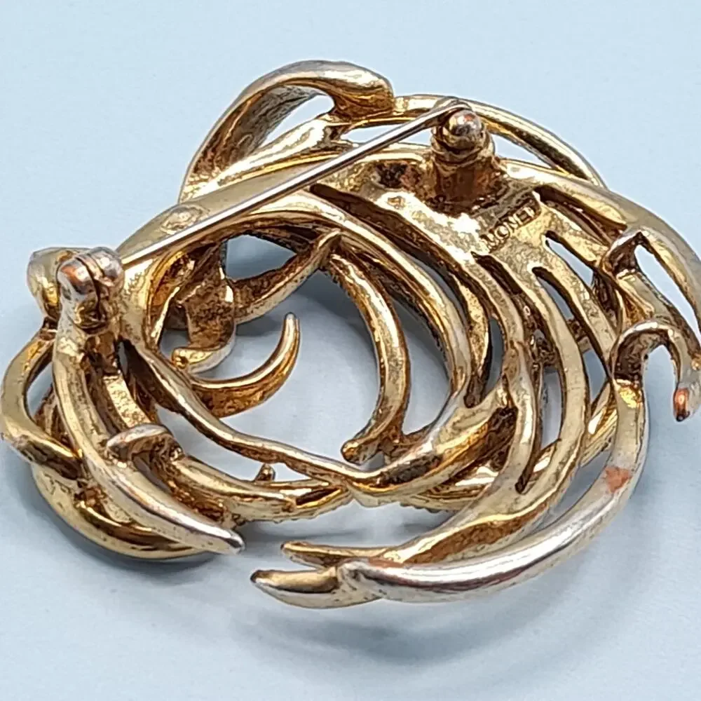 Vintage Monet Swirl Modern Design Brooch, Rhinestone Accents, 1 3/4 Inches